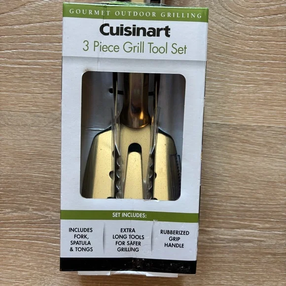 NEW Cuisinart 3 Piece Grill Tool Set Red Rubberized Handles Fork Spatula Tongs - Picture 2 of 7